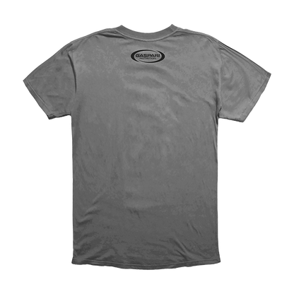 Back view of the gray Gaspari Proven Performance Tee showcasing the Gaspari Nutrition logo at the neckline.