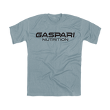 Steel blue Gaspari Nutrition t-shirt featuring bold black lettering, perfect for gym enthusiasts and casual wear.