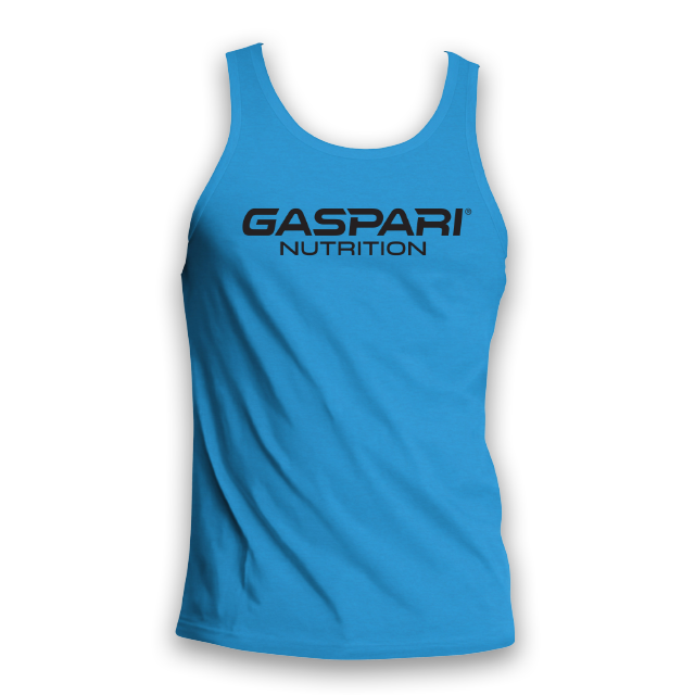 Sky blue tank top featuring the Gaspari Nutrition logo in black, ideal for workouts and casual wear.