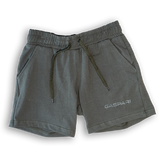 Casual military green shorts by Gaspari Nutrition featuring an elastic waistband and drawstring for comfort. Ideal for workouts or lounging.