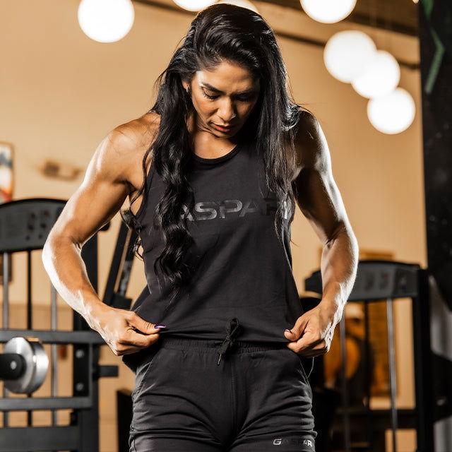 Woman wearing Gaspari Women's Tank Top - Black - Gaspari Nutrition 