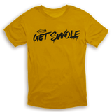 Casual yellow t-shirt featuring the phrase 'GET SWOLE' in bold black lettering, designed for fitness enthusiasts by Gaspari Nutrition.
