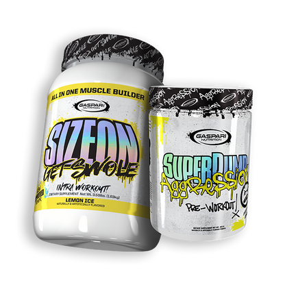 Get Swole Stack featuring SizeOn and SuperPump Aggression supplement containers by Gaspari Nutrition.