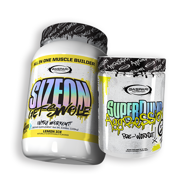 Get Swole Stack featuring SizeOn and SuperPump Aggression supplement containers by Gaspari Nutrition.