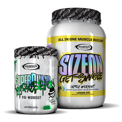 Side view of Get Swole Stack, showcasing SizeOn and SuperPump Aggression supplements by Gaspari Nutrition.