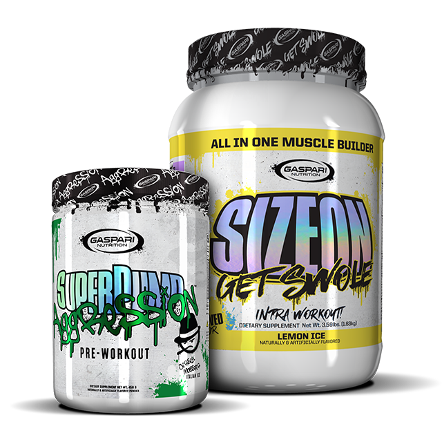 Side view of Get Swole Stack, showcasing SizeOn and SuperPump Aggression supplements by Gaspari Nutrition.