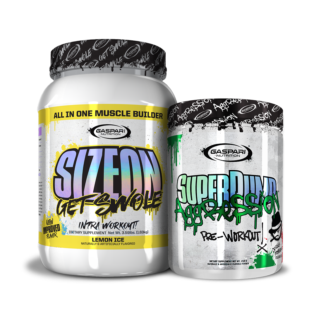 Get Swole Stack with SizeOn and SuperPump Aggression in unique layout, highlighting the product flavors.
