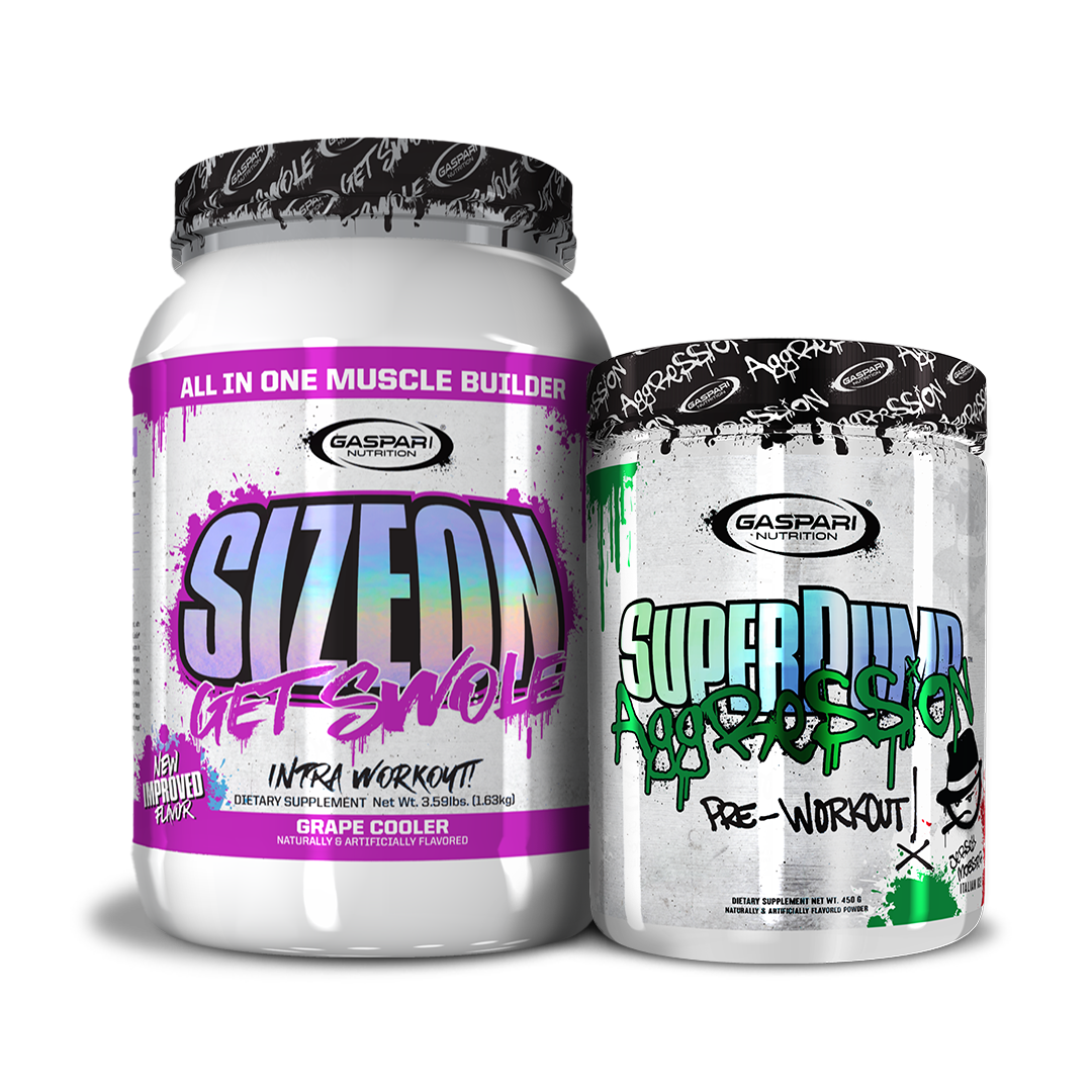 Get Swole Stack featuring SizeOn and SuperPump Aggression with vibrant packaging designs from Gaspari Nutrition.