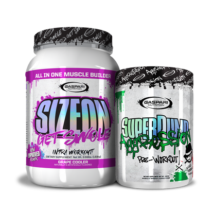 Get Swole Stack featuring SizeOn and SuperPump Aggression with vibrant packaging designs from Gaspari Nutrition.