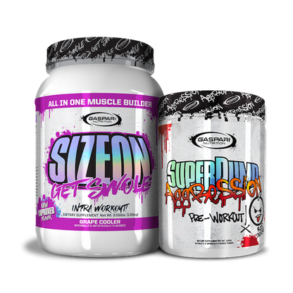 Get Swole Stack of supplements with SizeOn and SuperPump Aggression displayed prominently.