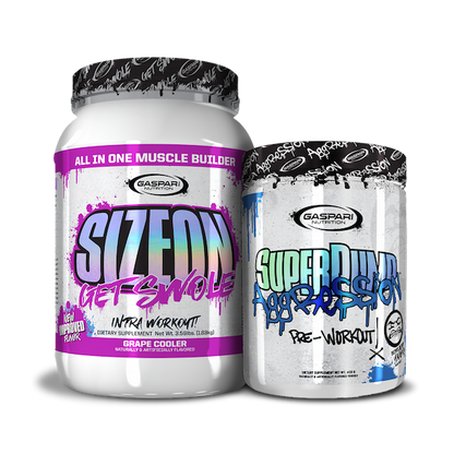 Colorful Get Swole Stack featuring SizeOn and SuperPump Aggression supplement jars.