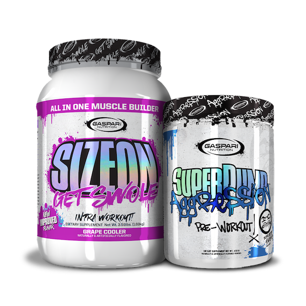 Colorful Get Swole Stack featuring SizeOn and SuperPump Aggression supplement jars.