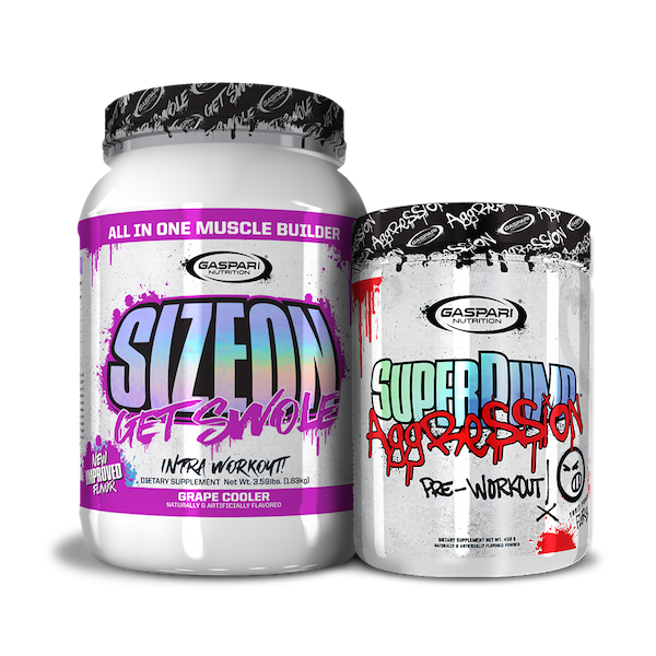 Get Swole Stack arranged to highlight the SizeOn and SuperPump Aggression products by Gaspari Nutrition.