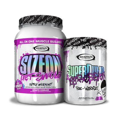 Stylish display of Get Swole Stack, featuring SizeOn and SuperPump Aggression supplements.