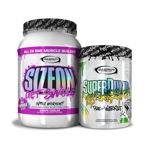 Dynamic view of Get Swole Stack, showcasing the SizeOn and SuperPump Aggression products.