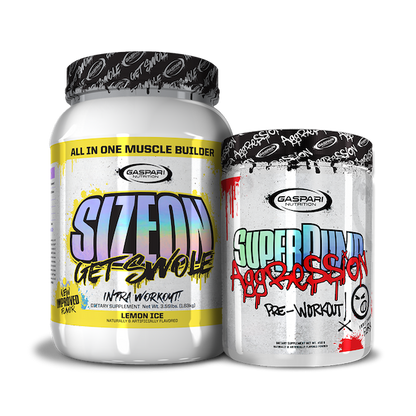 Colorful arrangement of Get Swole Stack showing SizeOn and SuperPump Aggression containers.