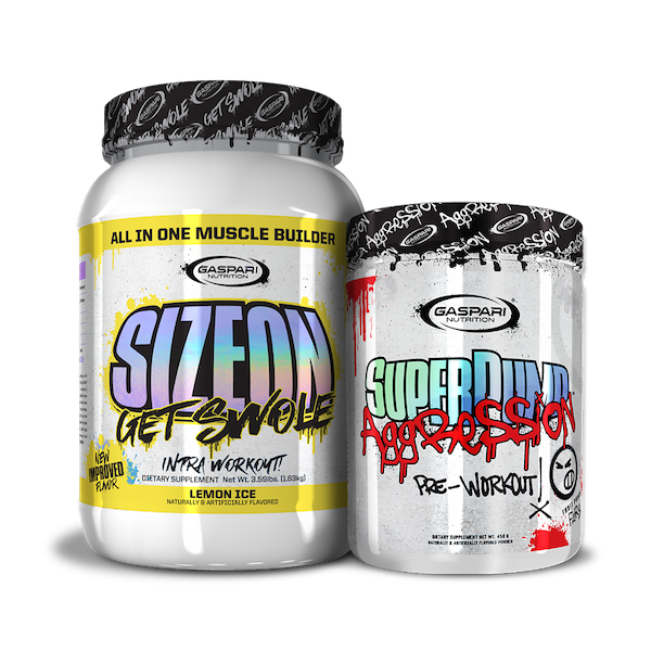 Colorful arrangement of Get Swole Stack showing SizeOn and SuperPump Aggression containers.