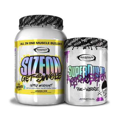Get Swole Stack with striking packaging of SizeOn and SuperPump Aggression supplements.