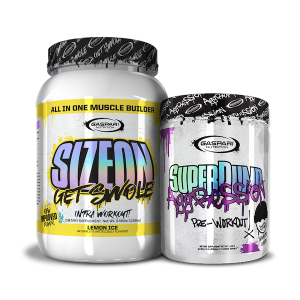 Get Swole Stack with striking packaging of SizeOn and SuperPump Aggression supplements.