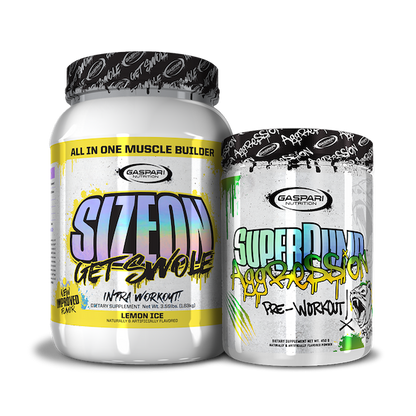 Vibrant Get Swole Stack featuring SizeOn and SuperPump Aggression from Gaspari Nutrition.
