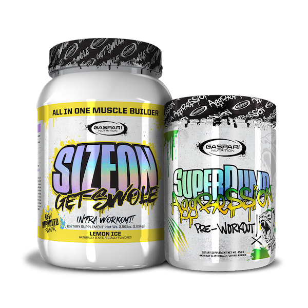 Vibrant Get Swole Stack featuring SizeOn and SuperPump Aggression from Gaspari Nutrition.