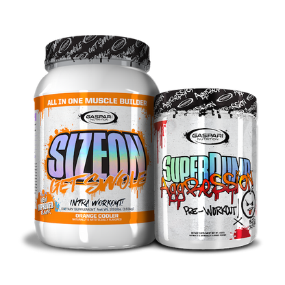 Detailed view of Get Swole Stack with SizeOn and SuperPump Aggression supplement jars.