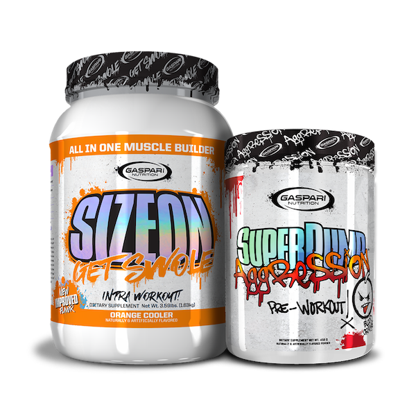 Detailed view of Get Swole Stack with SizeOn and SuperPump Aggression supplement jars.