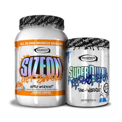 Exciting display of Get Swole Stack showcasing SizeOn and SuperPump Aggression products.