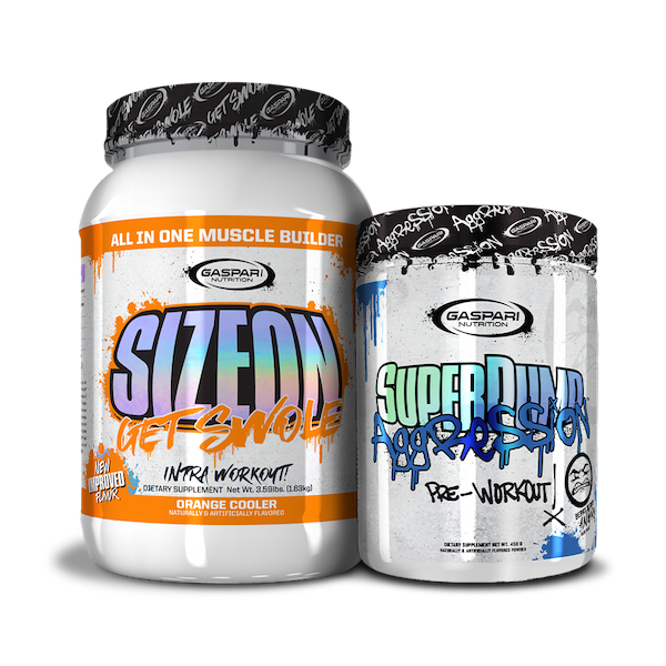 Exciting display of Get Swole Stack showcasing SizeOn and SuperPump Aggression products.
