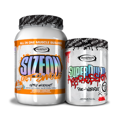 Get Swole Stack stacking SizeOn and SuperPump Aggression, highlighting vibrant flavors.