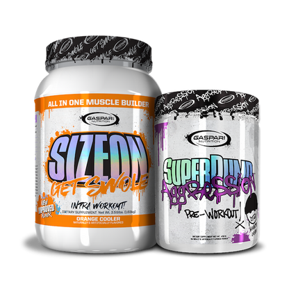 Get Swole Stack with distinctive SizeOn and SuperPump Aggression jars in bright colors.