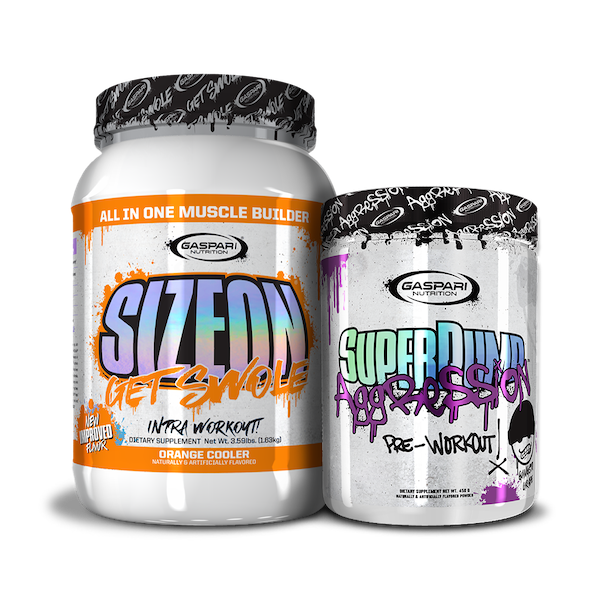 Get Swole Stack with distinctive SizeOn and SuperPump Aggression jars in bright colors.