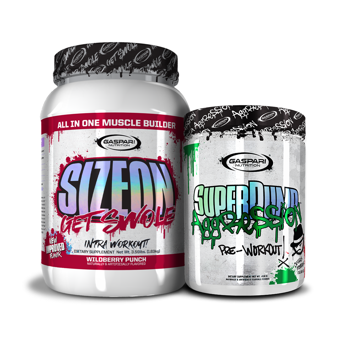 Exciting display of Get Swole Stack showcasing SizeOn and SuperPump Aggression supplements.