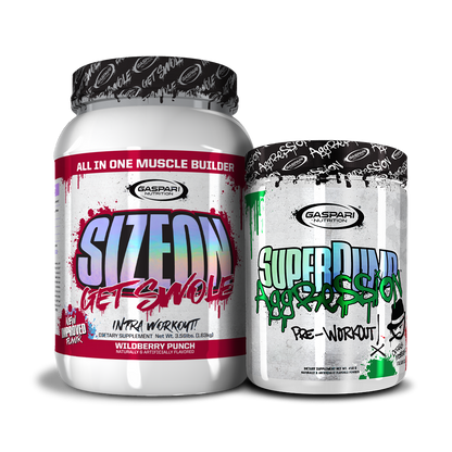 Exciting display of Get Swole Stack showcasing SizeOn and SuperPump Aggression supplements.