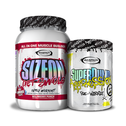 Highlighting Get Swole Stack with SizeOn and SuperPump Aggression for fitness enthusiasts.