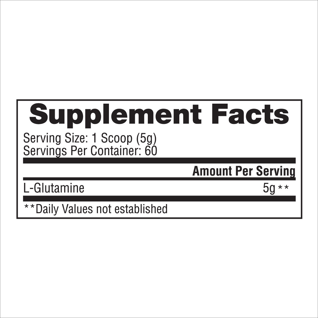 Supplement Facts label for Gaspari Nutrition Glutamine, displaying serving size of 5g and servings per container: 60. Highlights the L-Glutamine content.