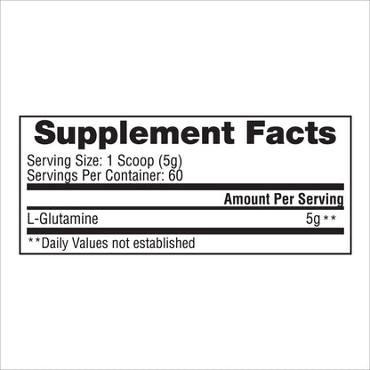 Supplement Facts label for Gaspari Nutrition Glutamine, displaying serving size of 5g and servings per container: 60. Highlights the L-Glutamine content.