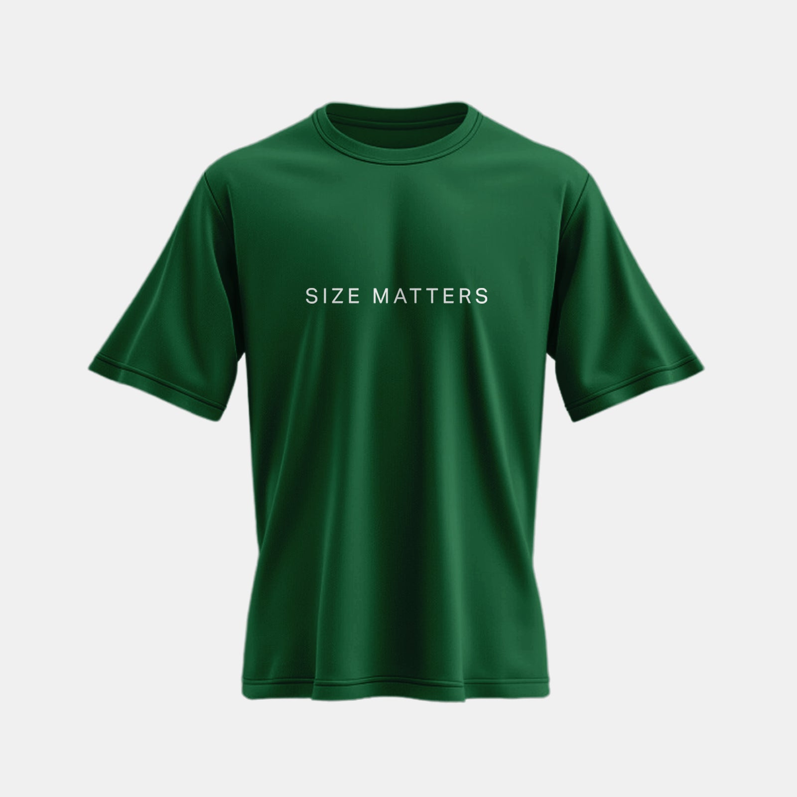 Front view of a green oversized t-shirt with 'Size Matters' printed on the front, perfect for workouts and casual outings.