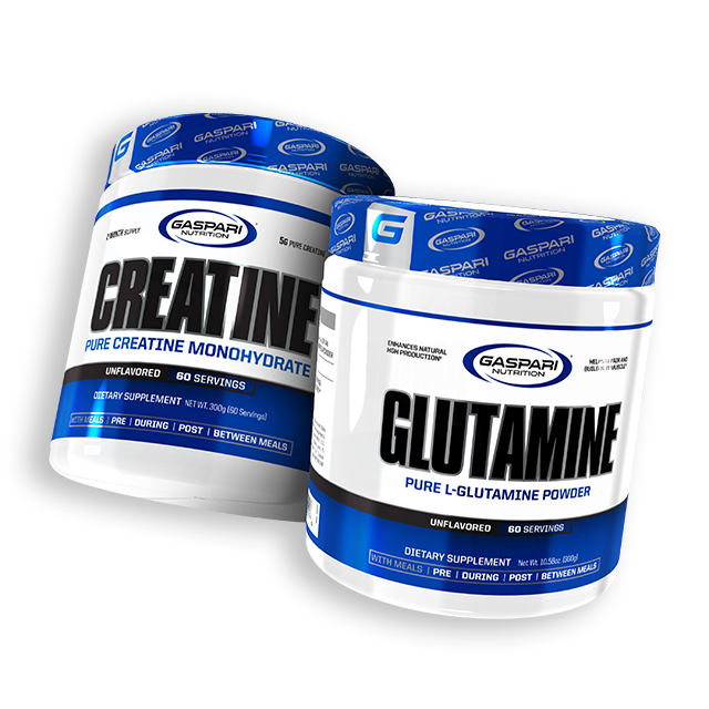 Gaspari Nutrition Growth + Recovery Stack featuring tubs of Creatine Monohydrate and Glutamine powder, highlighting their unflavored formulation and nutritional benefits for athletes.