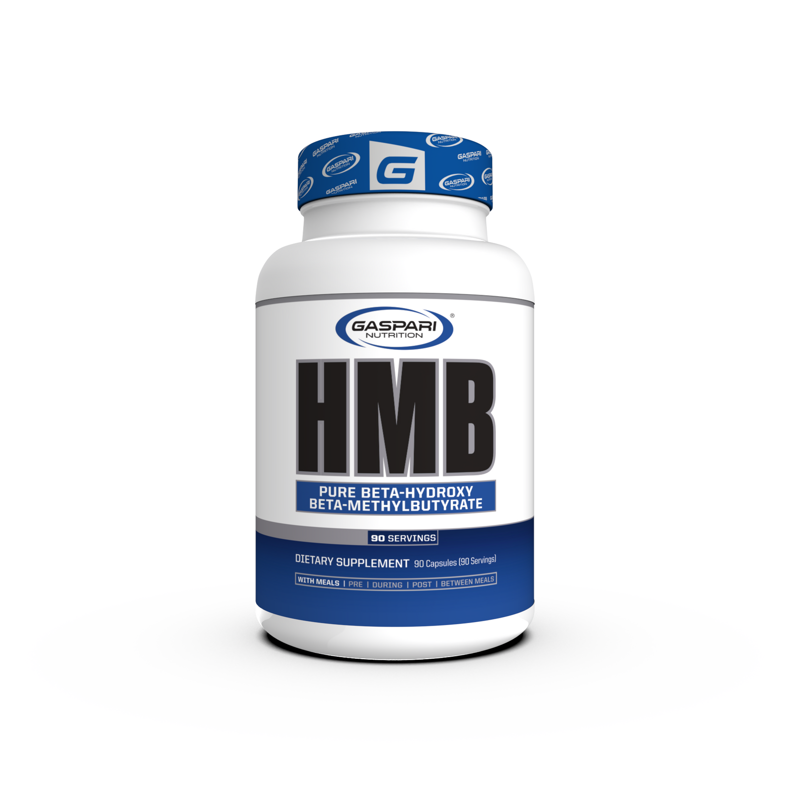 Gaspari Nutrition HMB supplement bottle featuring Pure Beta-Hydroxy Beta-Methylbutyrate, dietary supplement, 90 capsules, with a blue and white design.