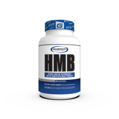 Gaspari Nutrition HMB supplement bottle featuring Pure Beta-Hydroxy Beta-Methylbutyrate, dietary supplement, 90 capsules, with a blue and white design.