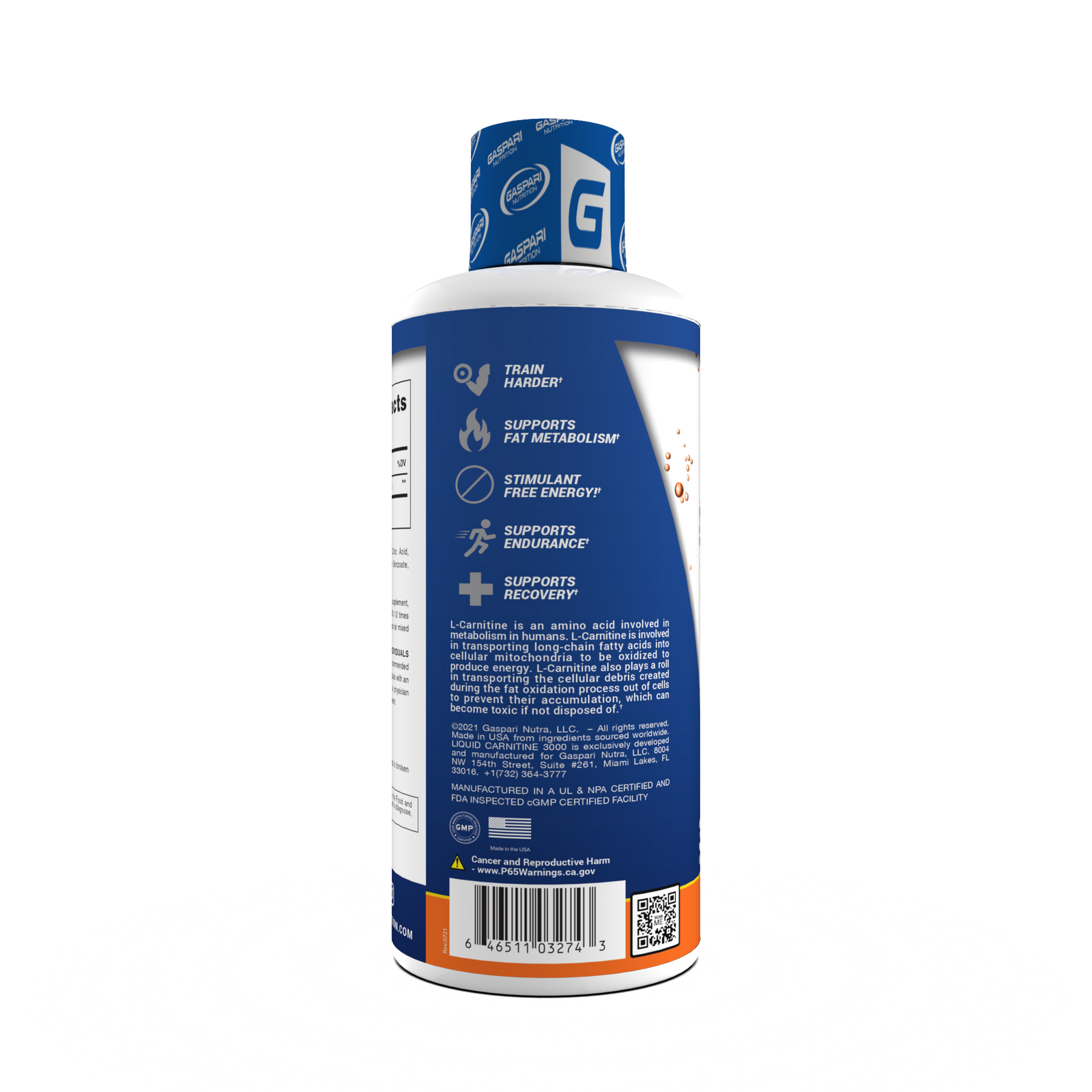 Detailed label of Liquid Carnitine 3000, highlighting features like stimulant-free energy and endurance support.
