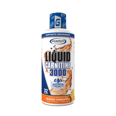 Liquid Carnitine 3000 by Gaspari Nutrition in orange pineapple flavor, promoting metabolism enhancement and energy support.