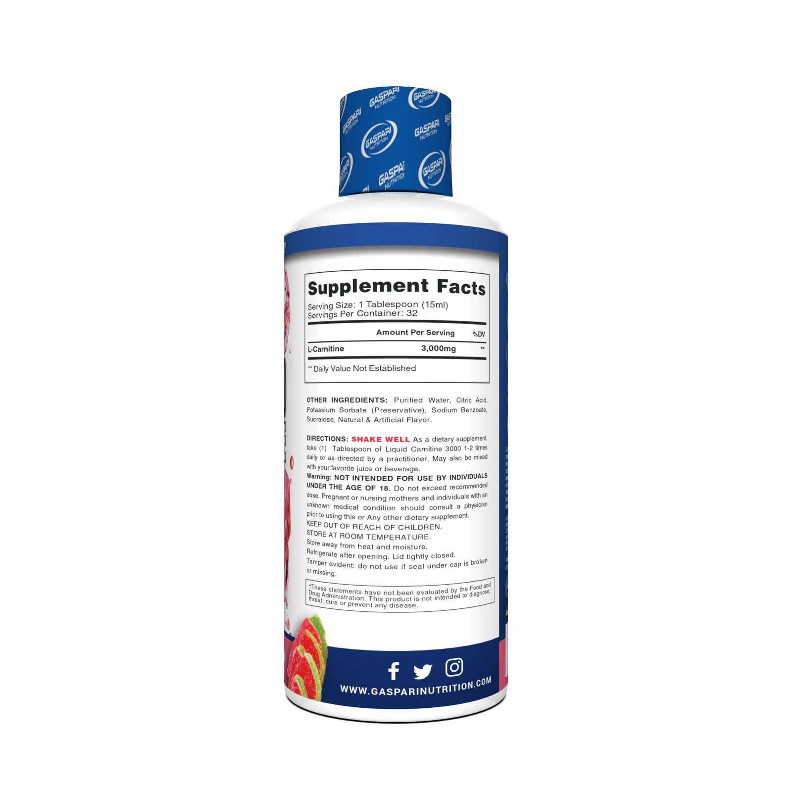 Back view of Liquid Carnitine 3000 by Gaspari Nutrition, showing supplement facts and ingredients for effective metabolism support.