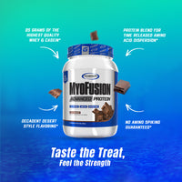 MyoFusion Advanced Protein - Max Chocolate flavor, showcasing its rich protein blend with time-released amino acids.