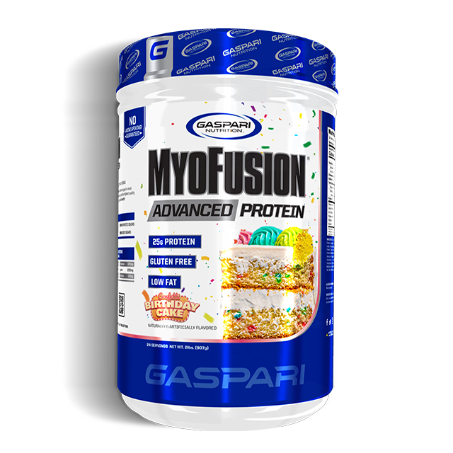MyoFusion Advanced Protein powder by Gaspari Nutrition in Birthday Cake flavor, featuring vibrant sprinkles and a dessert image on the packaging.