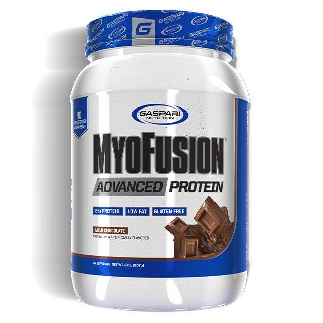 MyoFusion Advanced Protein container displaying Milk Chocolate flavor, ideal for chocolate lovers.