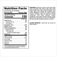 Nutritional facts for MyoFusion Advanced Protein displaying calorie counts and protein breakdown.