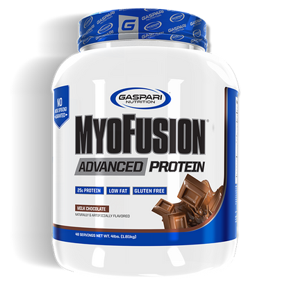 MyoFusion Advanced Protein container spotlighting Milk Chocolate flavor, perfect for chocolate enthusiasts.