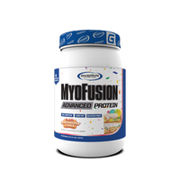 MyoFusion Advanced Protein - Birthday Cake flavor, a delicious protein blend with 25g of protein per serving.
